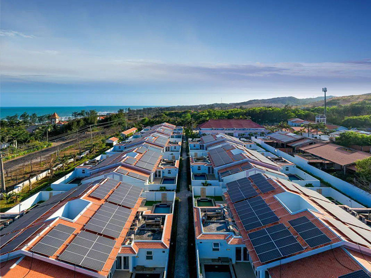 Solar panel installation on a warehouse, rooftop view